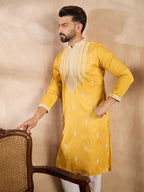 Men Yellow Silk Blend Geometric Embroidered Straight Kurta Sets-MKSET1685