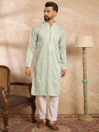 Men Green Silk Blend Geometric Embroidered Straight Kurta Sets-MKSET1686