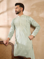 Men Green Silk Blend Geometric Embroidered Straight Kurta Sets-MKSET1686