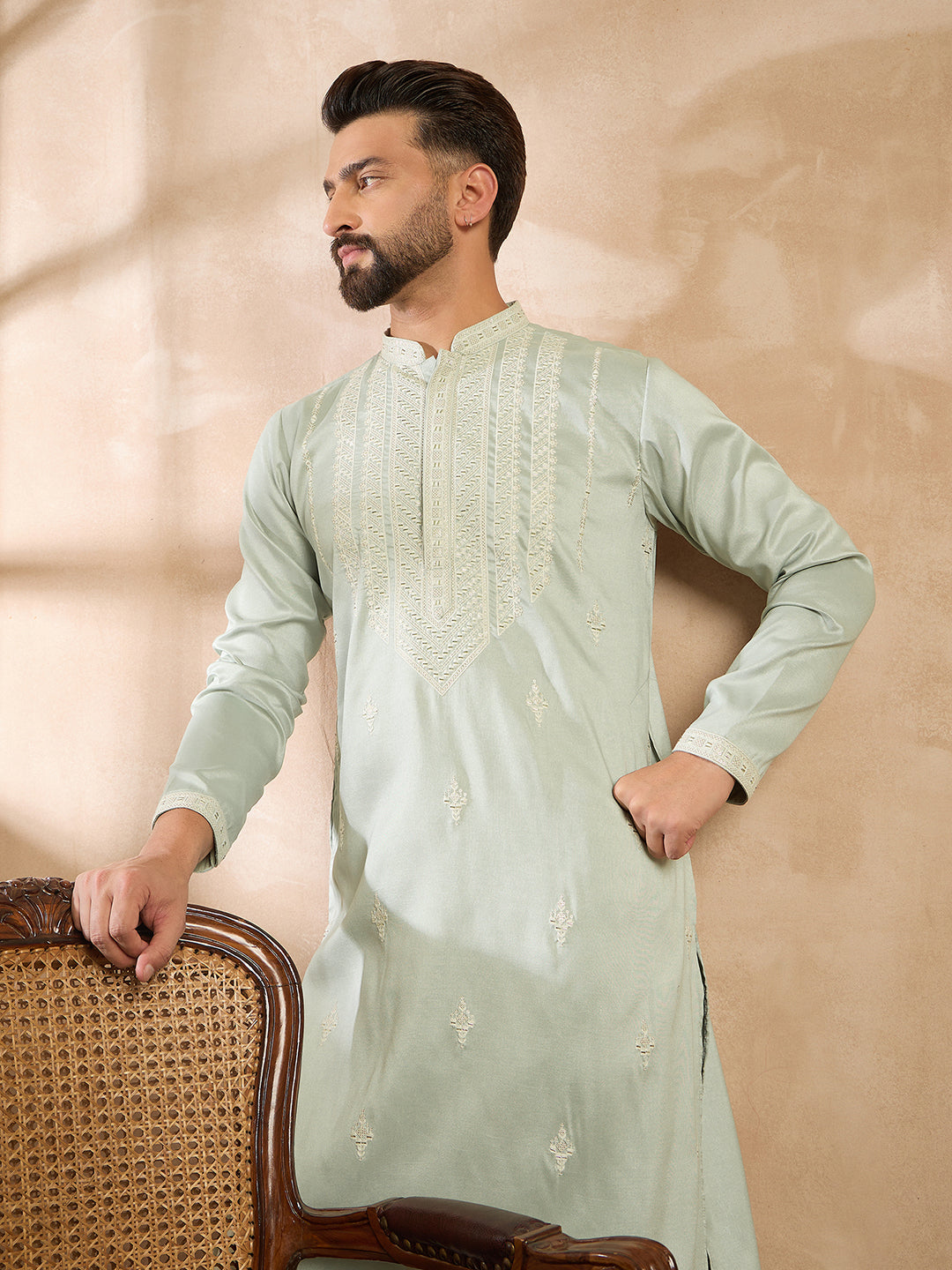 Men Green Silk Blend Geometric Embroidered Straight Kurta Sets-MKSET1686