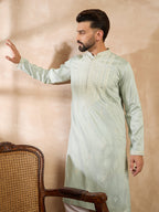 Men Green Silk Blend Geometric Embroidered Straight Kurta Sets-MKSET1686
