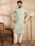 Men Green Silk Blend Geometric Embroidered Straight Kurta Sets-MKSET1686