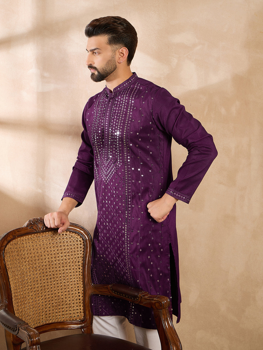 Men Purple Silk Blend Geometric Embroidered Straight Kurta Sets-MKSET1687