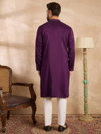 Men Purple Silk Blend Geometric Embroidered Straight Kurta Sets-MKSET1687