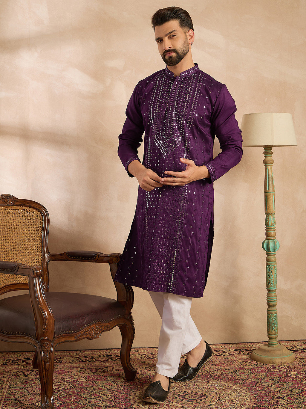 Men Purple Silk Blend Geometric Embroidered Straight Kurta Sets-MKSET1687