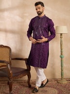 Men Purple Silk Blend Geometric Embroidered Straight Kurta Sets-MKSET1687