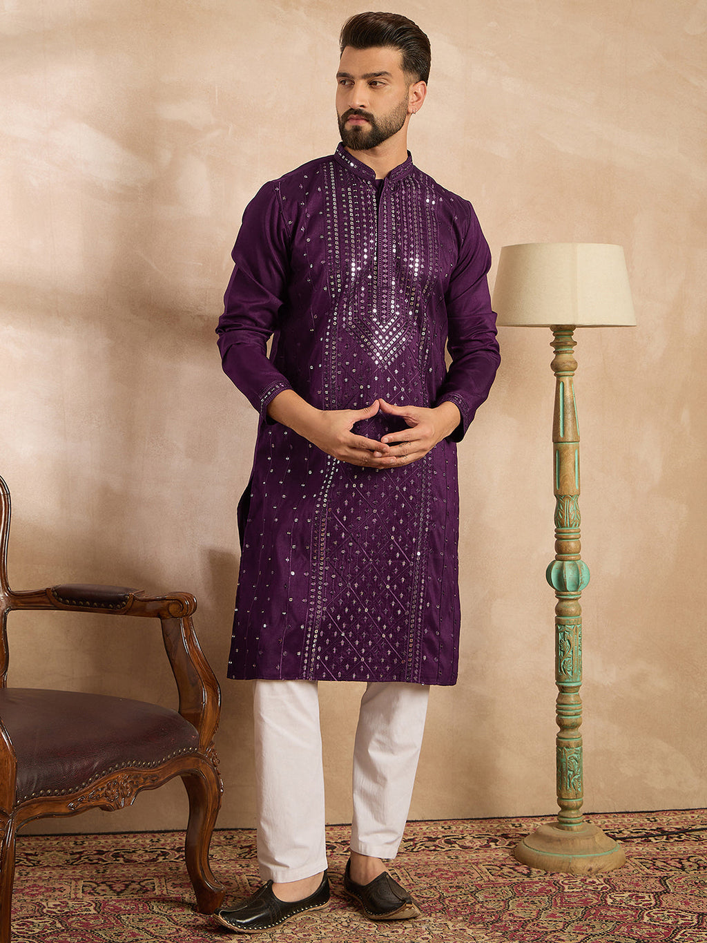 Men Purple Silk Blend Geometric Embroidered Straight Kurta Sets-MKSET1687