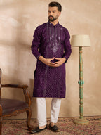 Men Purple Silk Blend Geometric Embroidered Straight Kurta Sets-MKSET1687