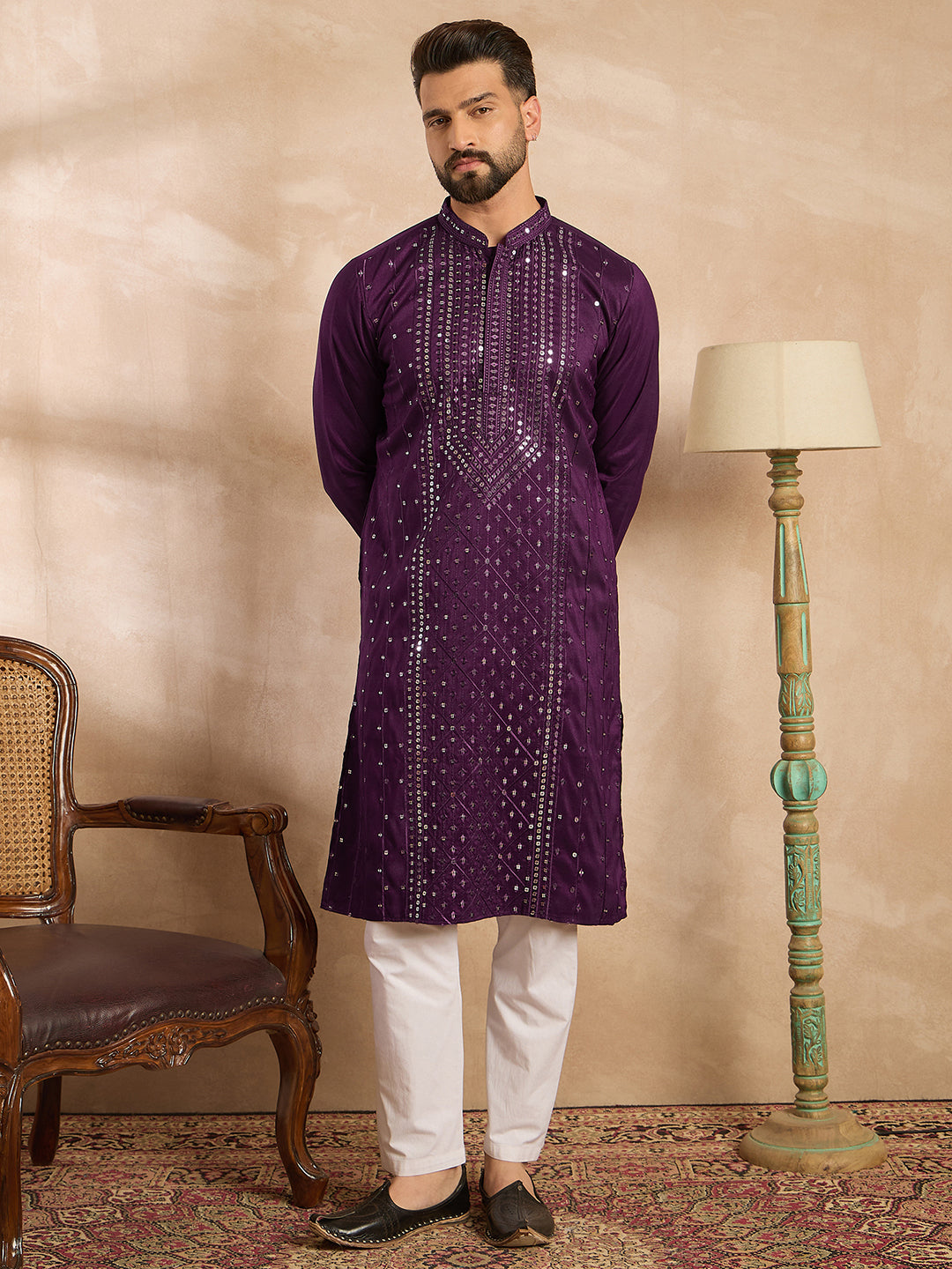 Men Purple Silk Blend Geometric Embroidered Straight Kurta Sets-MKSET1687