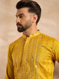 Men Yellow Silk Blend Geometric Embroidered Straight Kurta Sets-MKSET1688