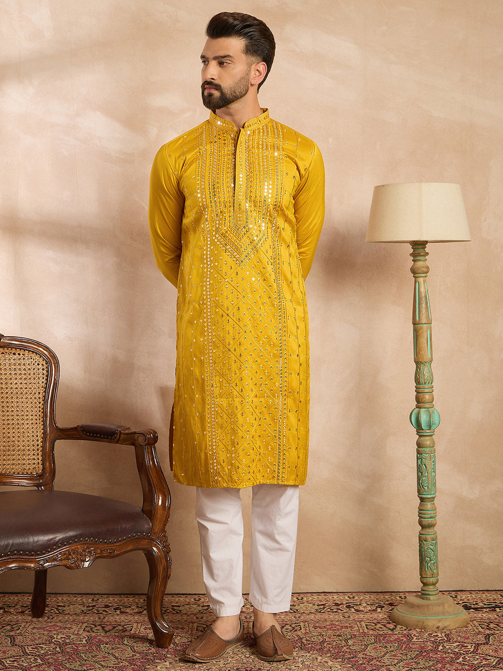 Men Yellow Silk Blend Geometric Embroidered Straight Kurta Sets-MKSET1688