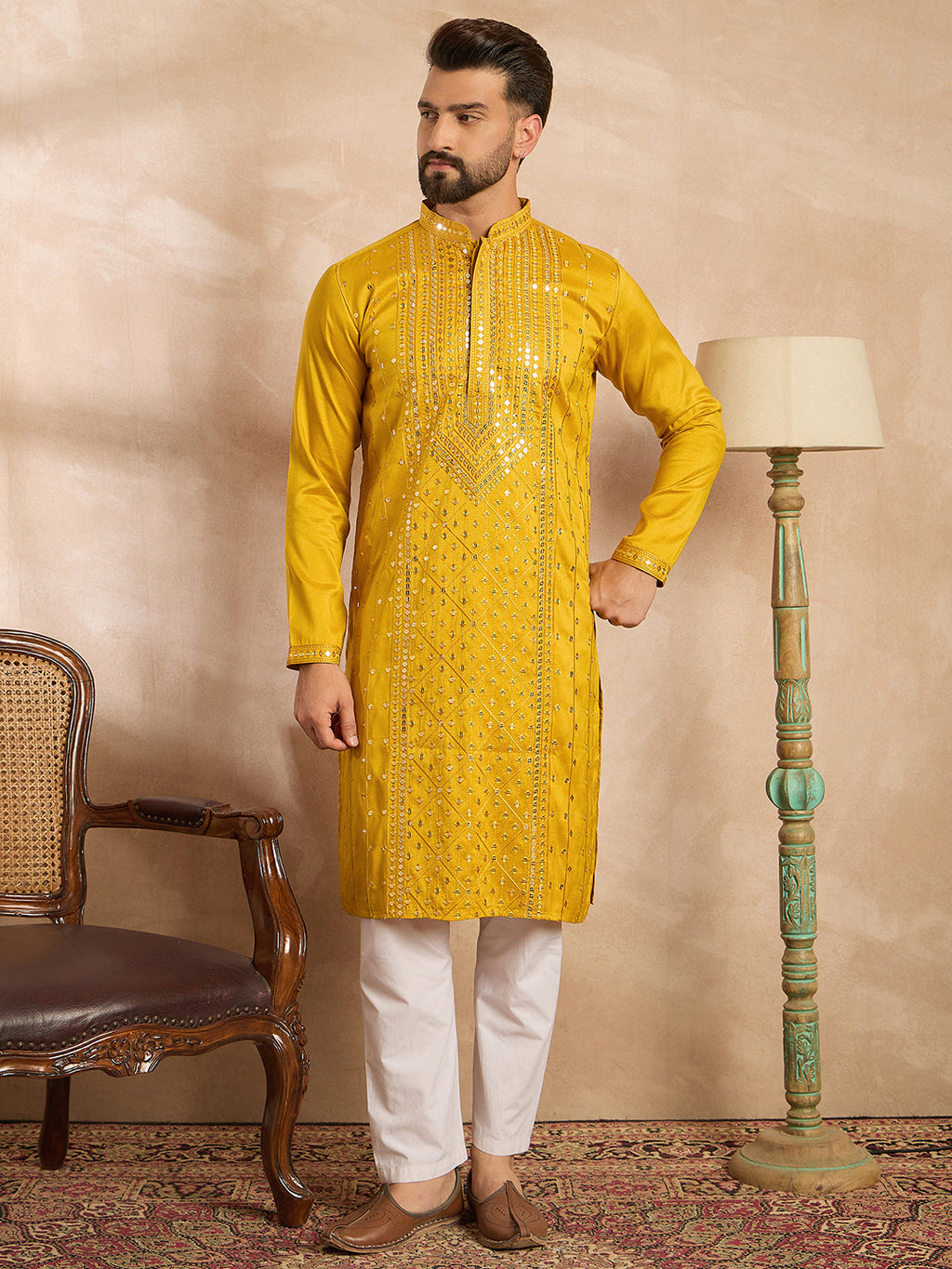 Men Yellow Silk Blend Geometric Embroidered Straight Kurta Sets-MKSET1688
