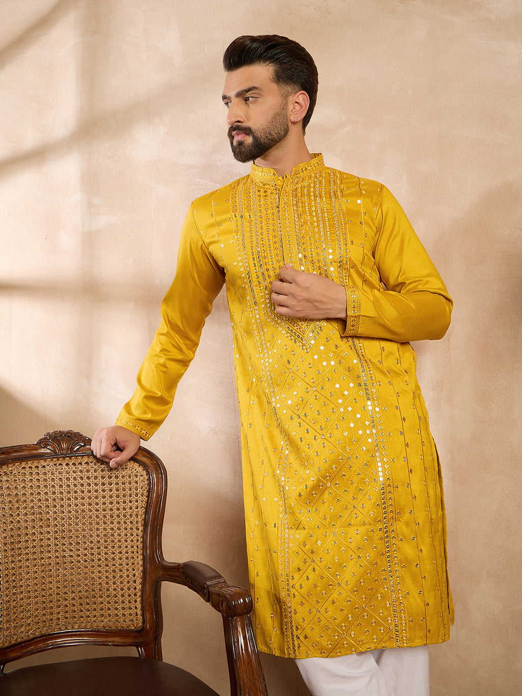 Men Yellow Silk Blend Geometric Embroidered Straight Kurta Sets-MKSET1688