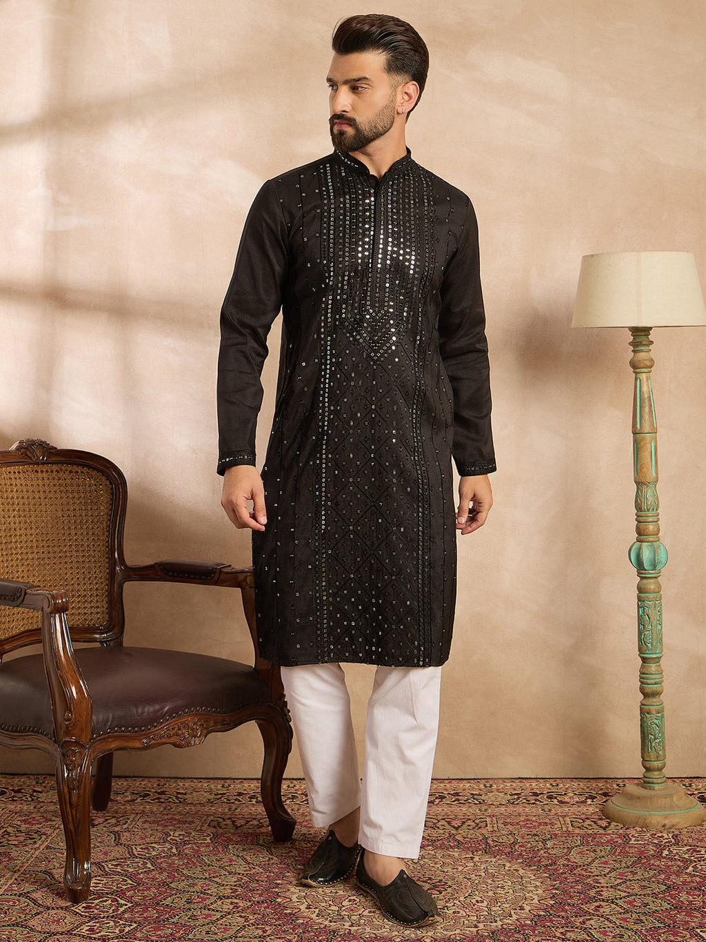Men Black Silk Blend Geometric Embroidered Straight Kurta Sets-MKSET1689