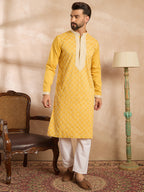Men Yellow Silk Blend Solid Embroidered Straight Kurta Sets-MKSET1691