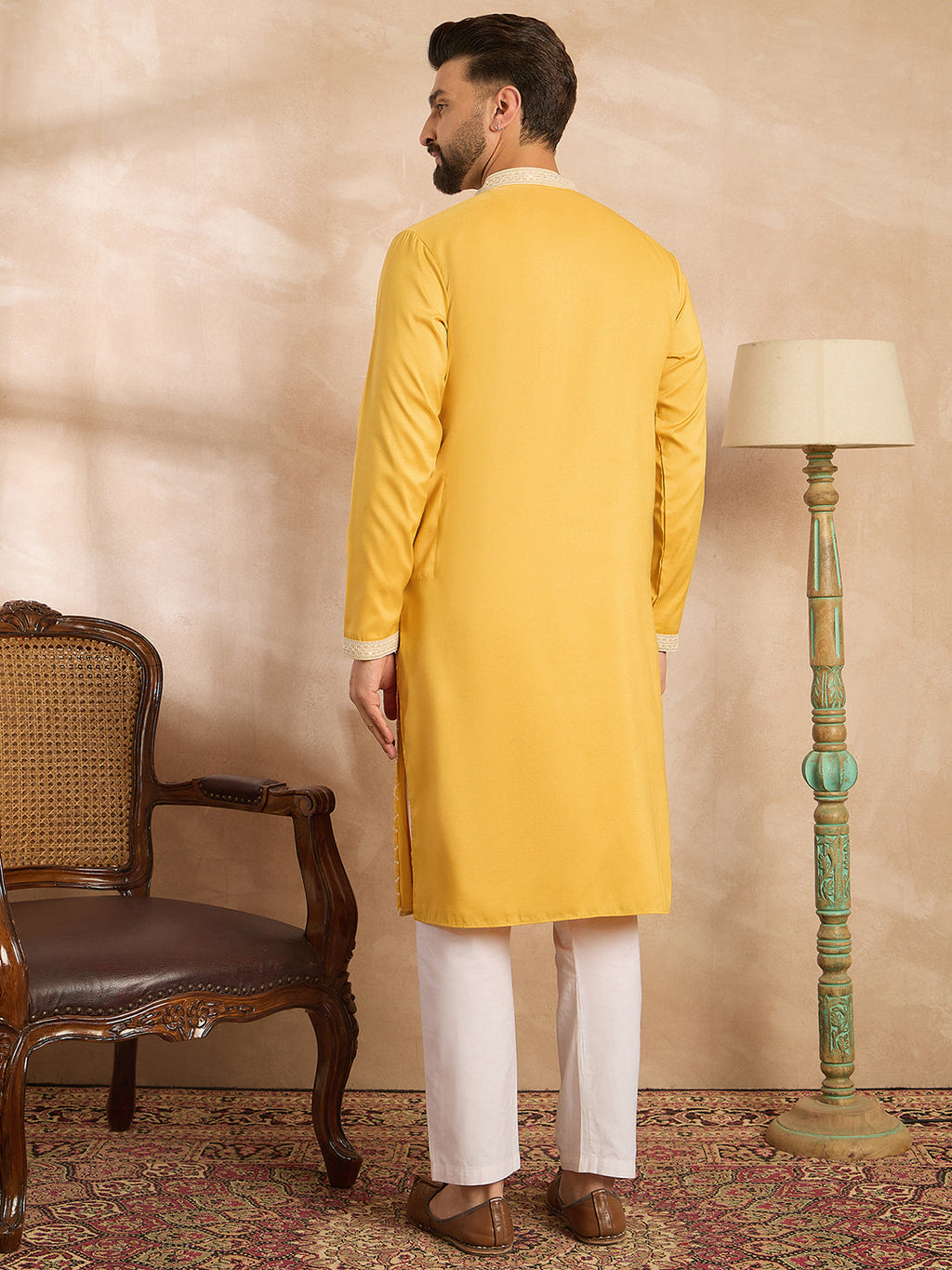 Men Yellow Silk Blend Solid Embroidered Straight Kurta Sets-MKSET1691