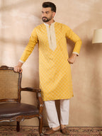 Men Yellow Silk Blend Solid Embroidered Straight Kurta Sets-MKSET1691