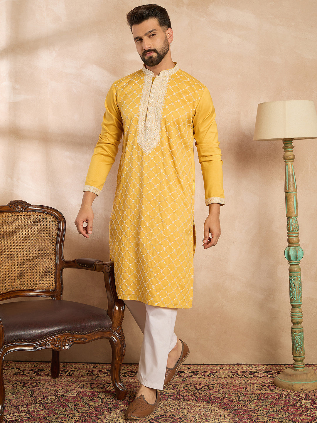 Men Yellow Silk Blend Solid Embroidered Straight Kurta Sets-MKSET1691
