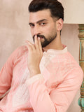 Men Pink Silk Blend Ethnic Motifs Embroidered Straight Kurta With Trouser-MKSET1692