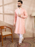 Men Pink Silk Blend Ethnic Motifs Embroidered Straight Kurta With Trouser-MKSET1692