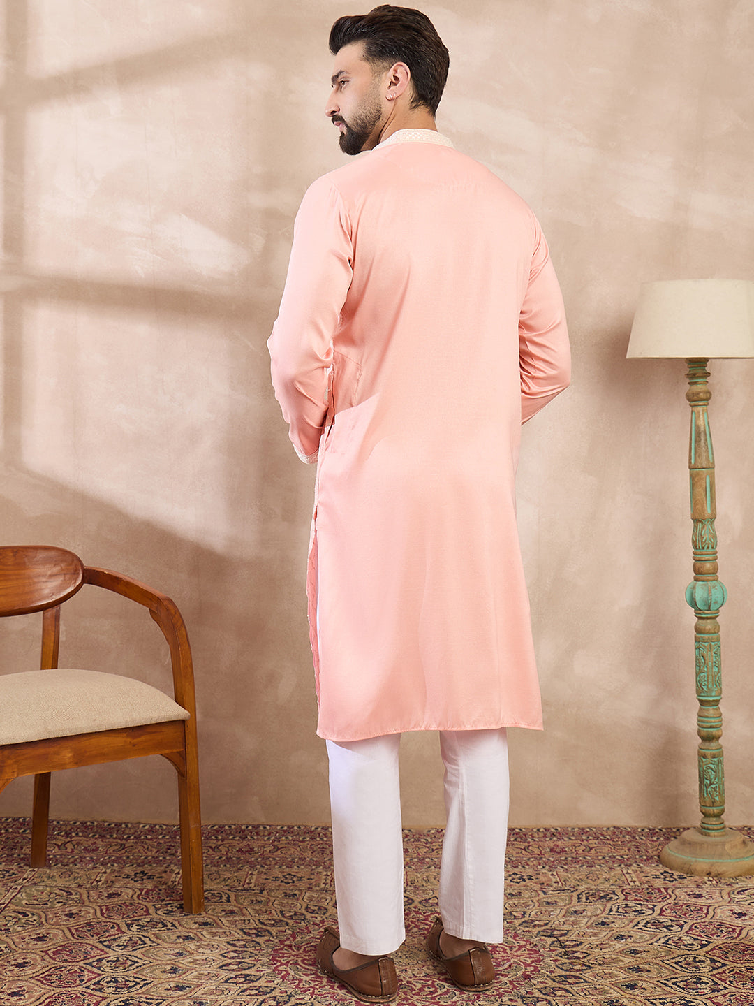 Men Pink Silk Blend Ethnic Motifs Embroidered Straight Kurta With Trouser-MKSET1692
