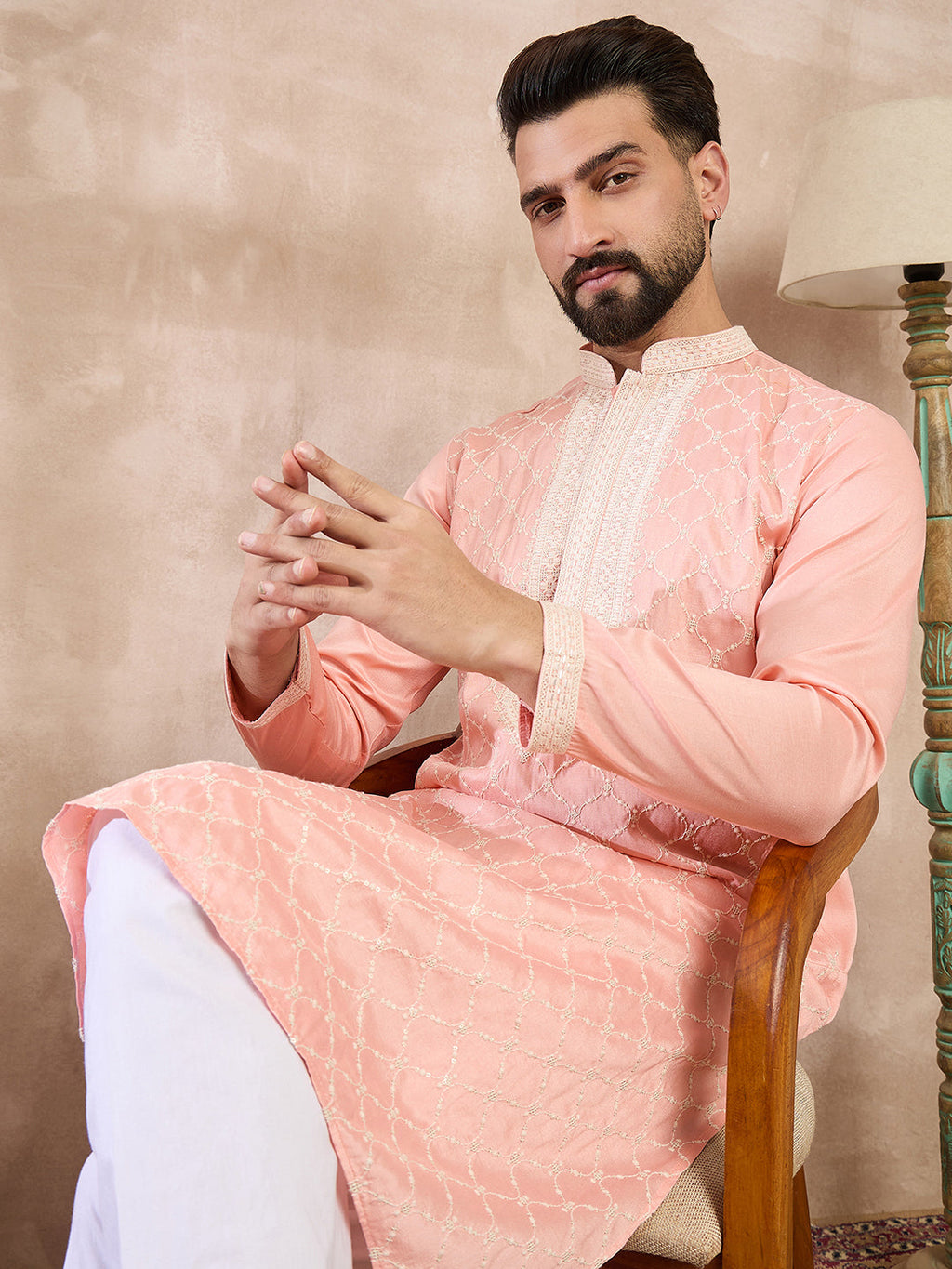 Men Pink Silk Blend Ethnic Motifs Embroidered Straight Kurta With Trouser-MKSET1692