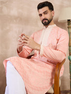 Men Pink Silk Blend Ethnic Motifs Embroidered Straight Kurta With Trouser-MKSET1692