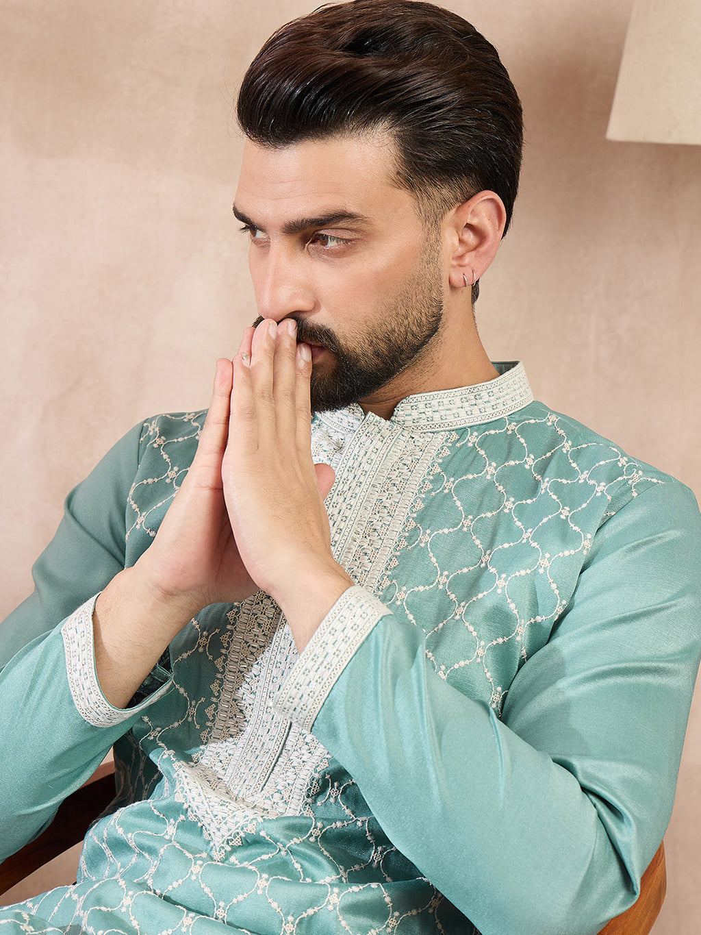 Men Teal Silk Blend Geometric Embroidered Straight Kurta With Trouser-MKSET1693