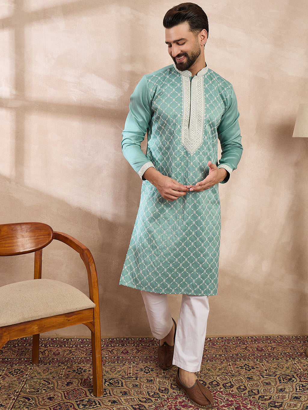 Men Teal Silk Blend Geometric Embroidered Straight Kurta With Trouser-MKSET1693