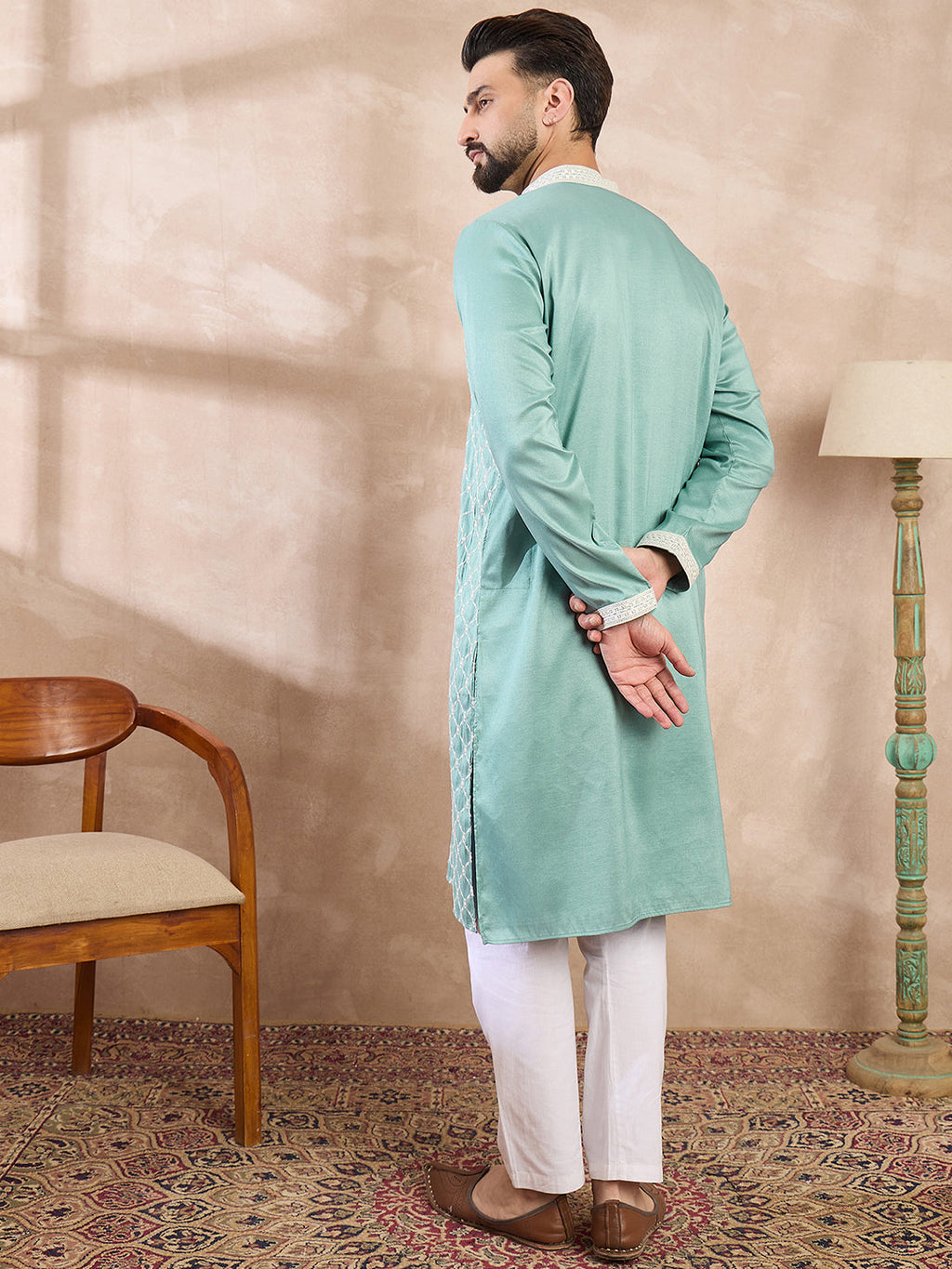 Men Teal Silk Blend Geometric Embroidered Straight Kurta With Trouser-MKSET1693