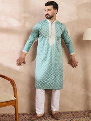 Men Teal Silk Blend Geometric Embroidered Straight Kurta With Trouser-MKSET1693