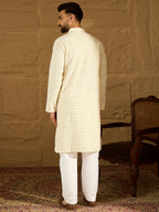 Men Off White Cotton Solid Printed Straight Kurta with Trouser-MKSET1699