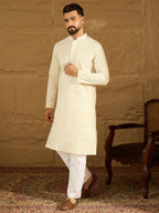 Men Off White Cotton Solid Printed Straight Kurta with Trouser-MKSET1699