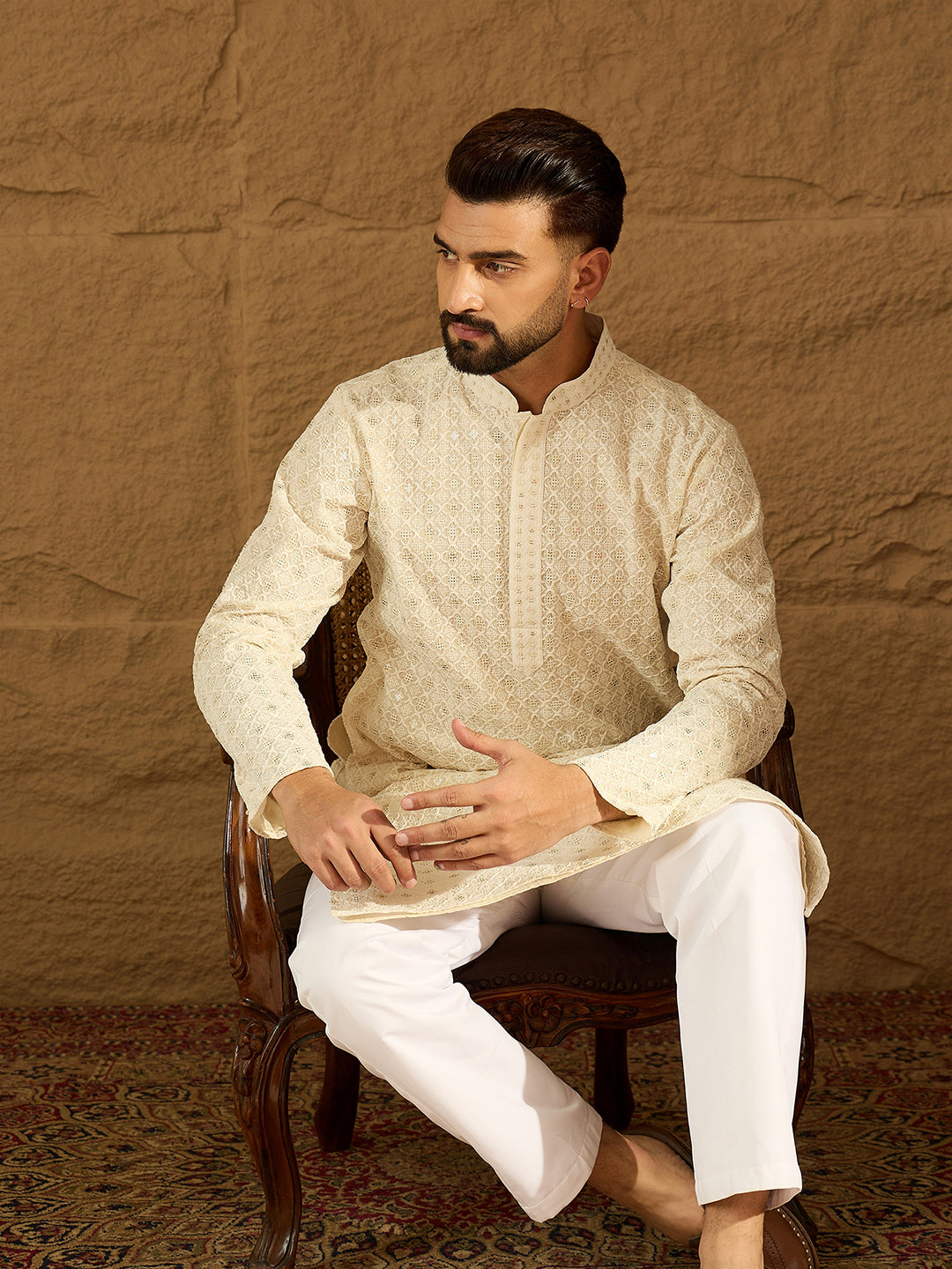 Men Off White Cotton Solid Printed Straight Kurta with Trouser-MKSET1699