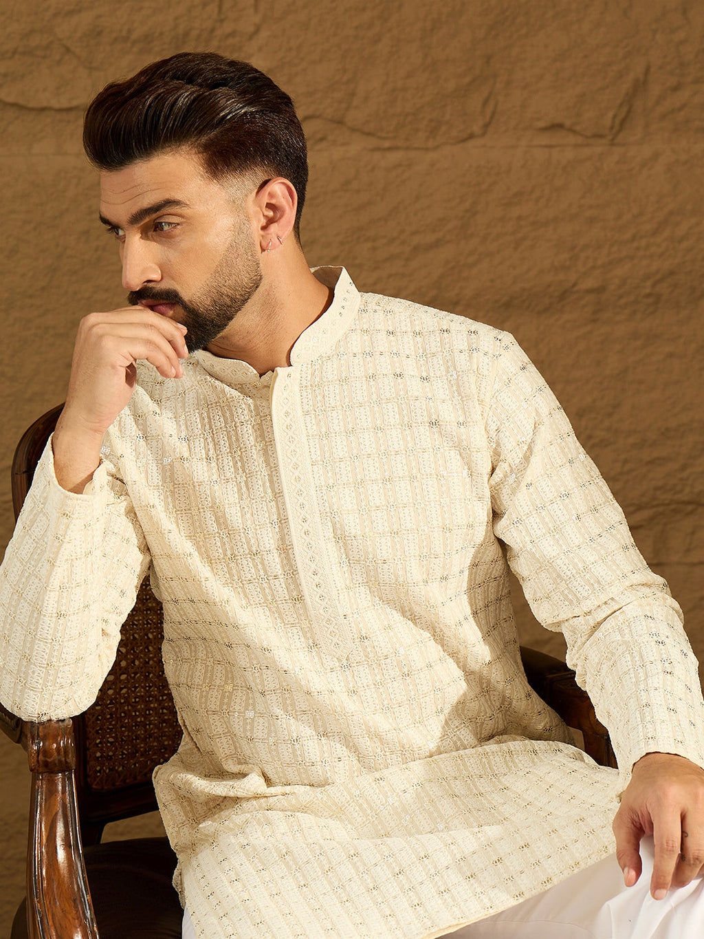 Men Off White Cotton Solid Printed Straight Kurta with Trouser-MKSET1700