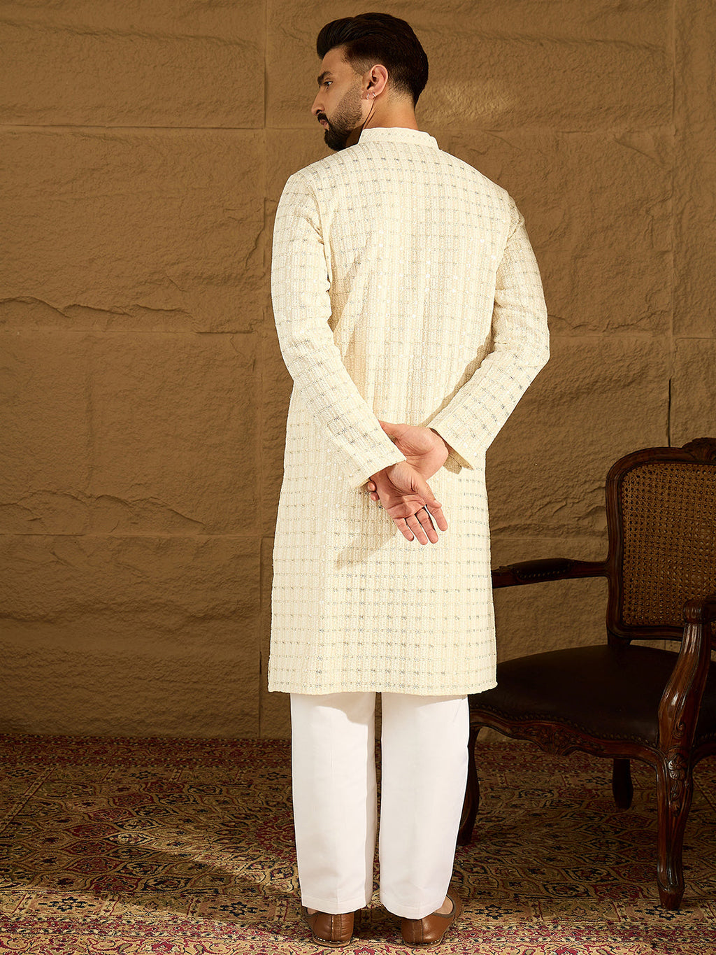 Men Off White Cotton Solid Printed Straight Kurta with Trouser-MKSET1700