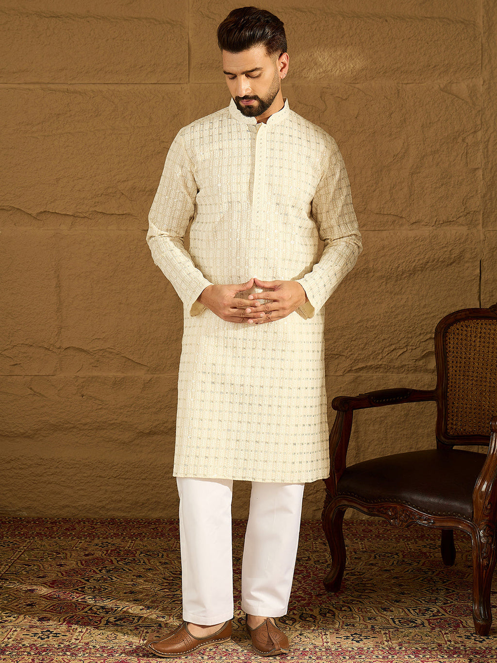Men Off White Cotton Solid Printed Straight Kurta with Trouser-MKSET1700