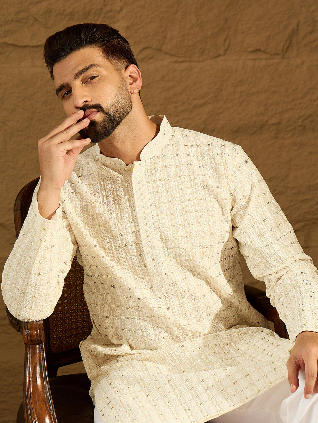 Men Off White Cotton Solid Printed Straight Kurta with Trouser-MKSET1700