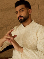 Men Off White Cotton Solid Printed Straight Kurta with Trouser-MKSET1701