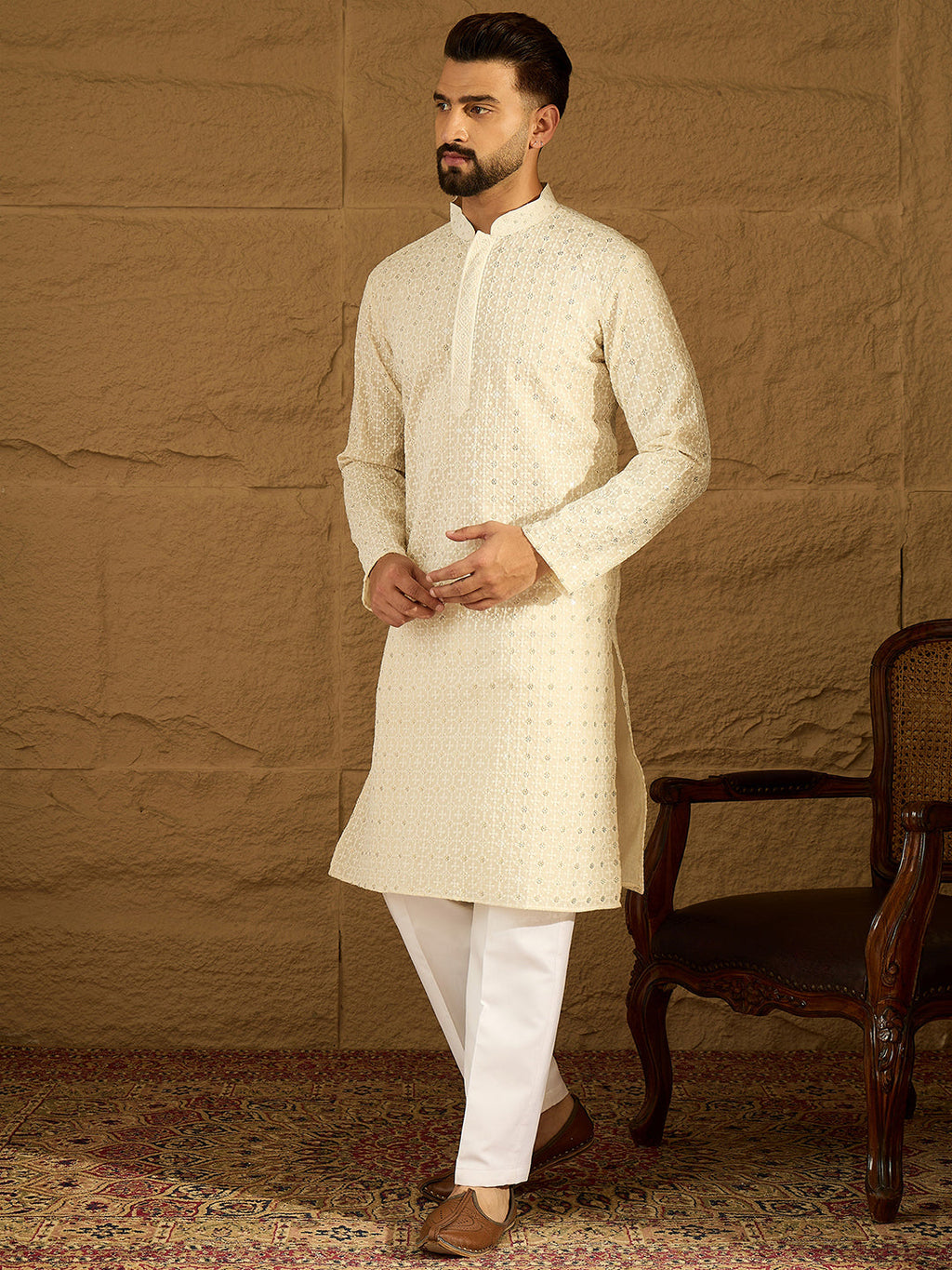Men Off White Cotton Solid Printed Straight Kurta with Trouser-MKSET1701