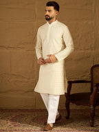 Men Off White Cotton Solid Printed Straight Kurta with Trouser-MKSET1701