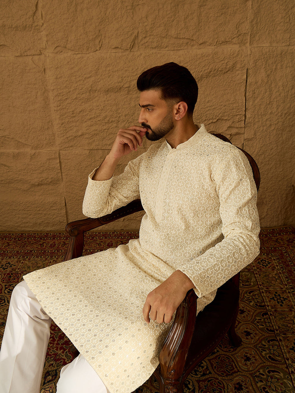Men Off White Cotton Solid Printed Straight Kurta with Trouser-MKSET1701