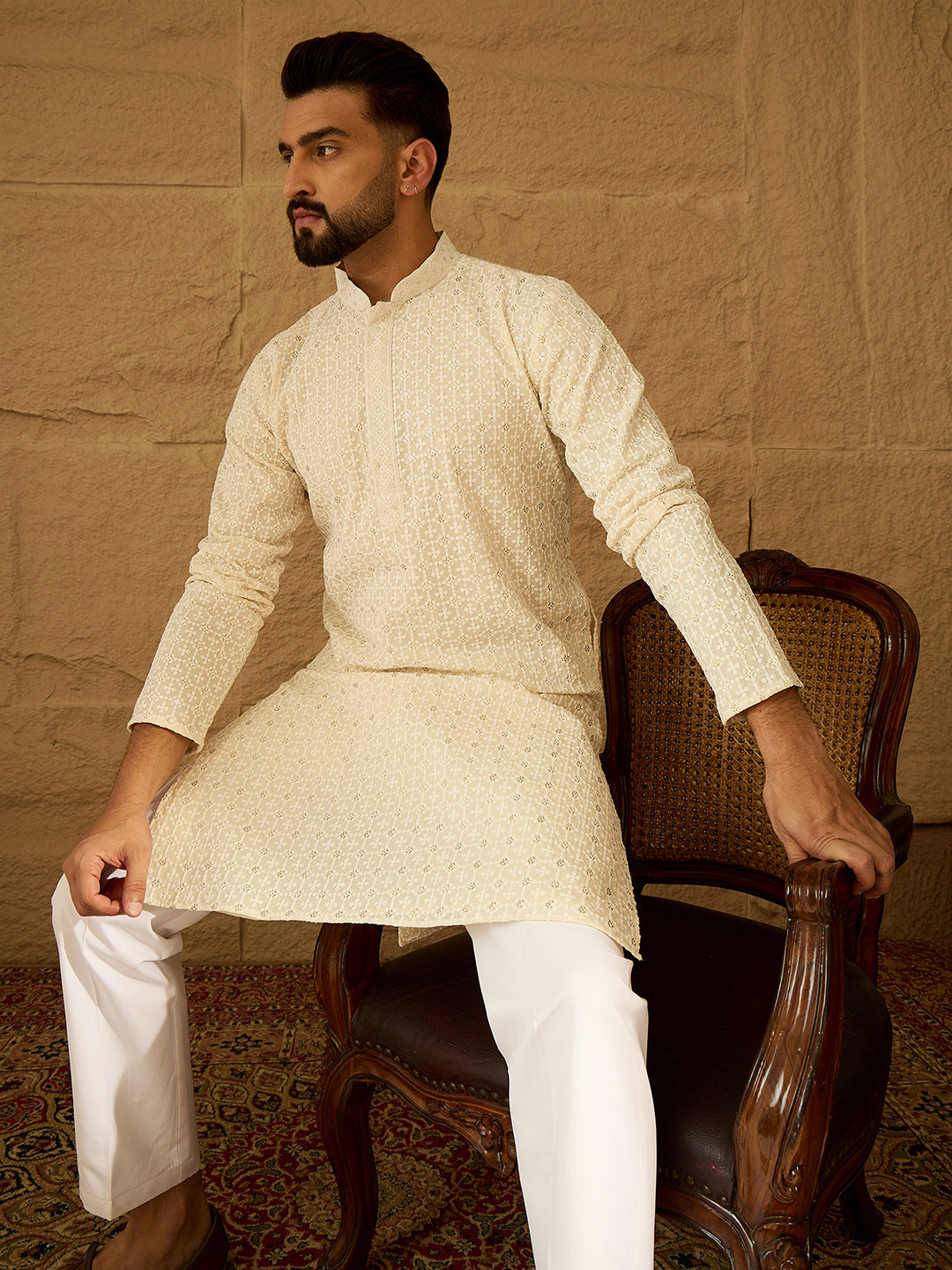 Men Off White Cotton Solid Printed Straight Kurta with Trouser-MKSET1701