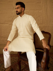 Men Off White Cotton Solid Printed Straight Kurta with Trouser-MKSET1701