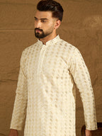 Men Off White Cotton Solid Printed Straight Kurta with Trouser-MKSET1702