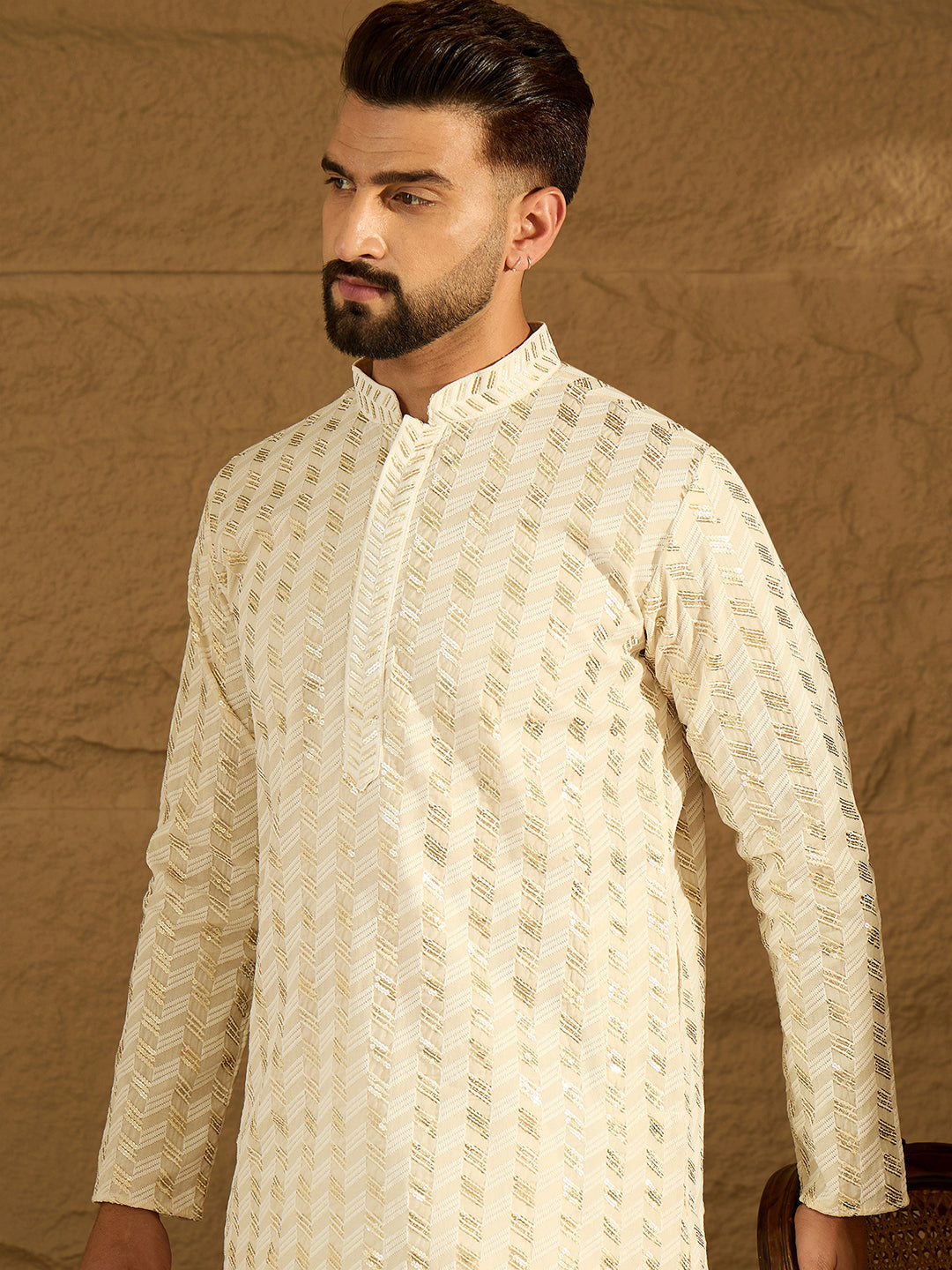 Men Off White Cotton Solid Printed Straight Kurta with Trouser-MKSET1702