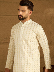 Men Off White Cotton Solid Printed Straight Kurta with Trouser-MKSET1702