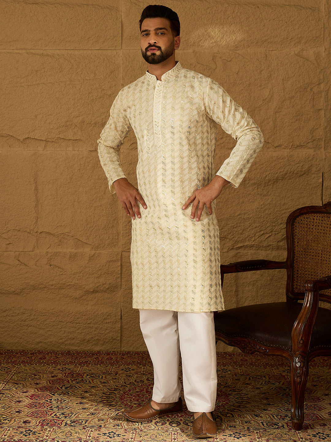 Men Off White Cotton Solid Printed Straight Kurta with Trouser-MKSET1702