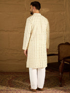 Men Off White Cotton Solid Printed Straight Kurta with Trouser-MKSET1702