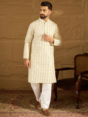 Men Off White Cotton Solid Printed Straight Kurta with Trouser-MKSET1702